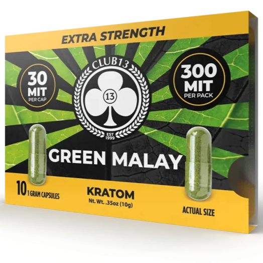 Club 13 Green Malay Kratom Capsules – 10 Count Pack