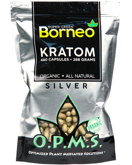 OPMS Silver Super Green Borneo Kratom Capsules – 480 Count (≈288 g)