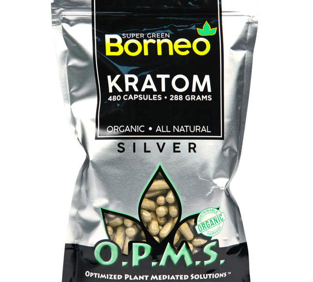 OPMS Silver Super Green Borneo Kratom Capsules – 480 Count (≈288 g)