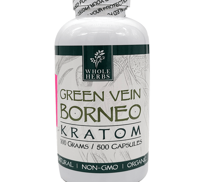 Whole Herbs Green Vein Borneo Kratom Capsules – 250 Count (Approx. 150 g)