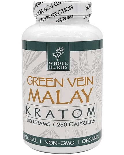 Whole Herbs Green Vein Malay Kratom Capsules – 250 Count (Approx. 150 g)