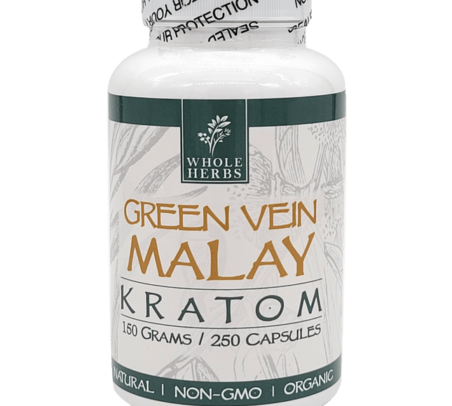 Whole Herbs Green Vein Malay Kratom Capsules – 250 Count (Approx. 150 g)