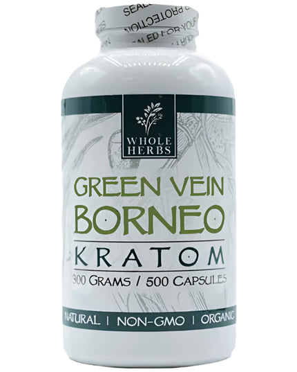 Whole Herbs Green Vein Borneo Kratom Capsules – 500 Count (Approx. 300 g)