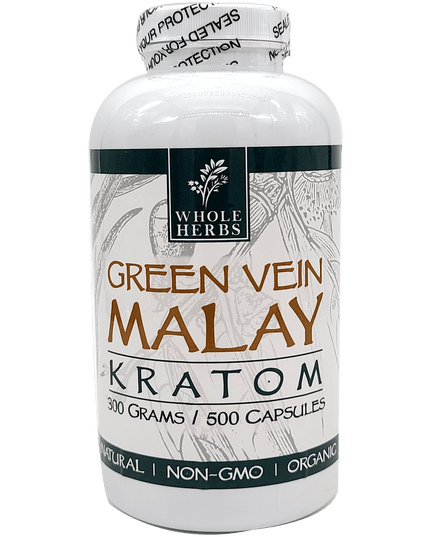 Whole Herbs Green Vein Malay Kratom Capsules – 500 Count (Approx. 300 g)